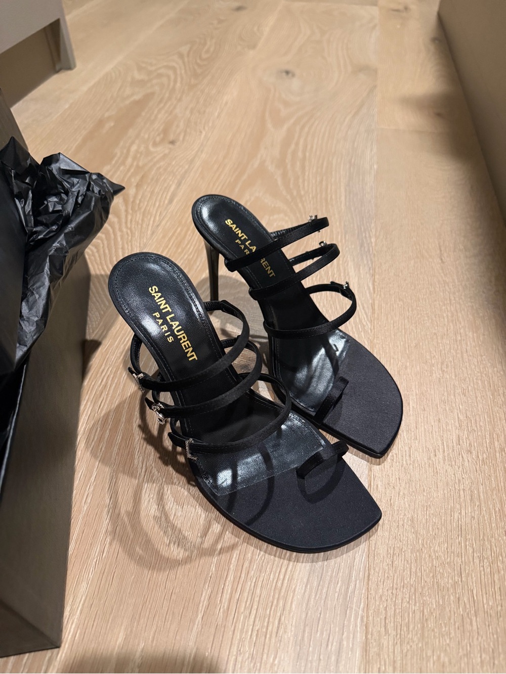 Saint Laurent Black Multi-Strap Square Toe Heels